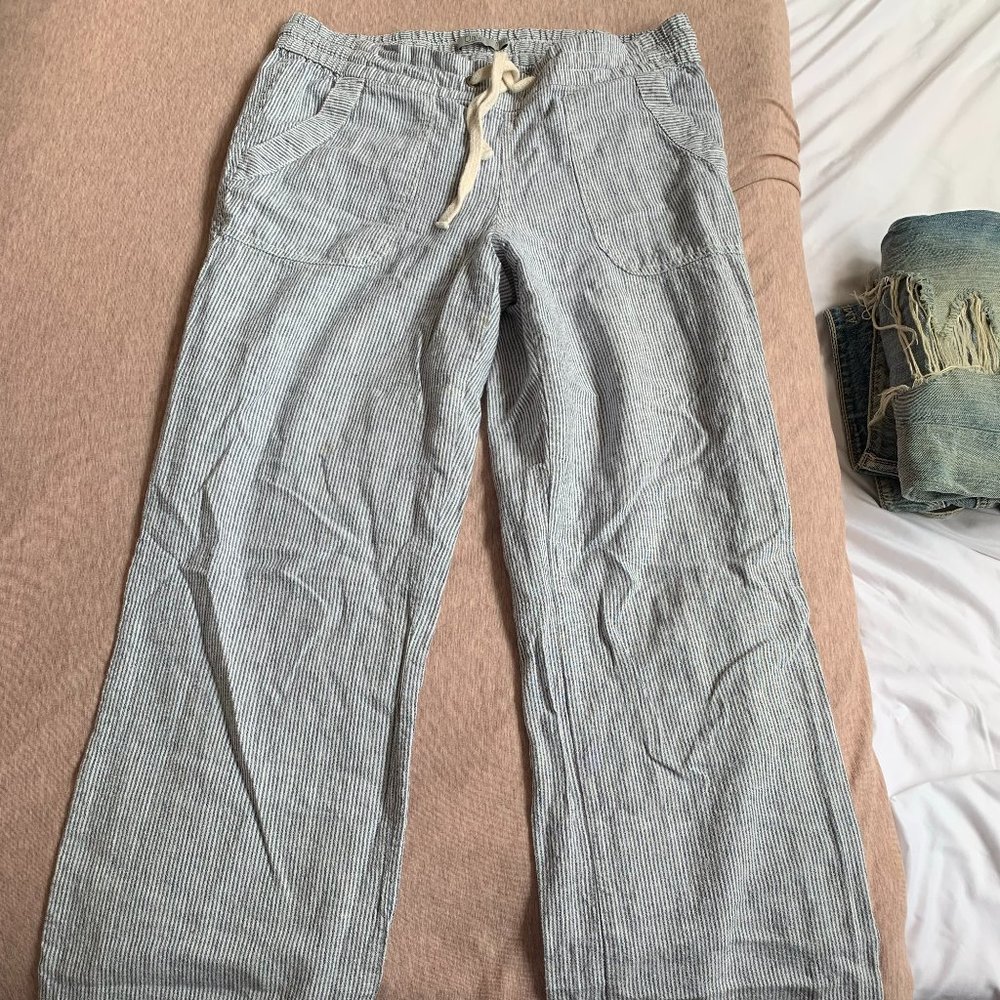 Blue and white striped linen pants
